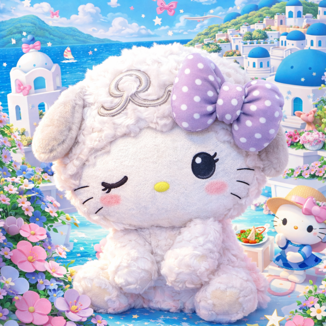 Seaside view of the Hello Kitty Pearl Panda Dressup plush showing its embroidered winking face and fuwa fuwa fabric