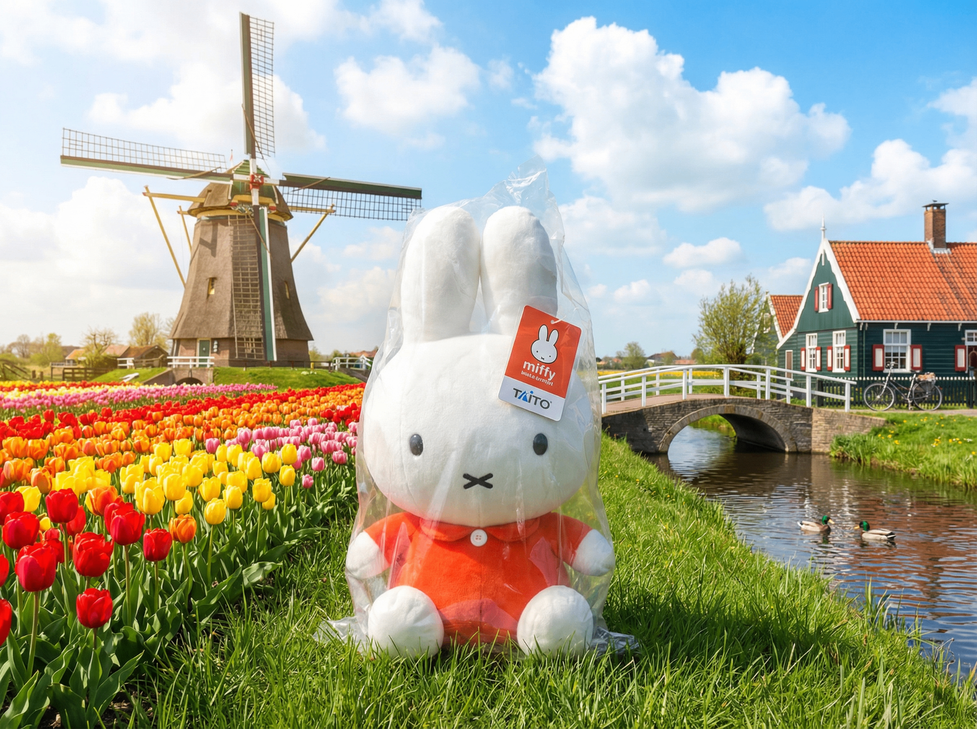 Sealed Miffy plush with Taito tag posed beside Dutch tulip fields and a windmill