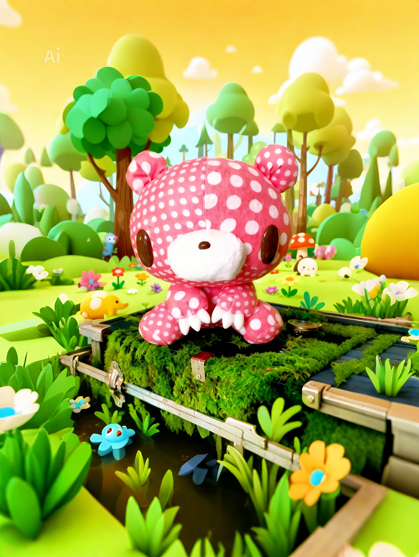 Pink polka dot Gloomy Bear plush displayed on a mossy case in a bright storybook forest scene