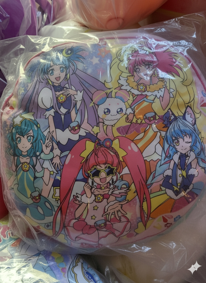 Star Twinkle PreCure jumbo cushion still factory sealed in its tight clear Toreba plastic wrap, artwork of the full Cure team visible