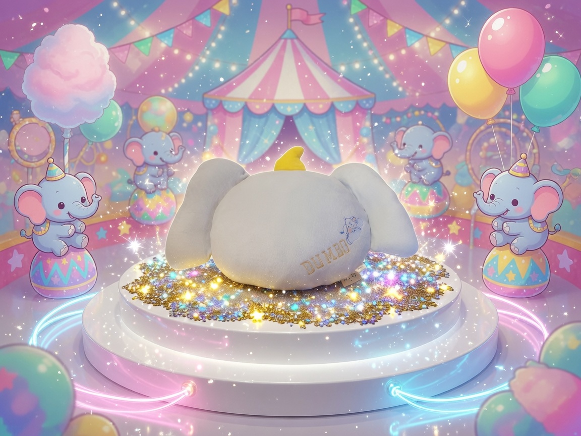 Dumbo Big Head cushion plush displayed in a pastel circus tent scene with balloons, bunting and cotton candy
