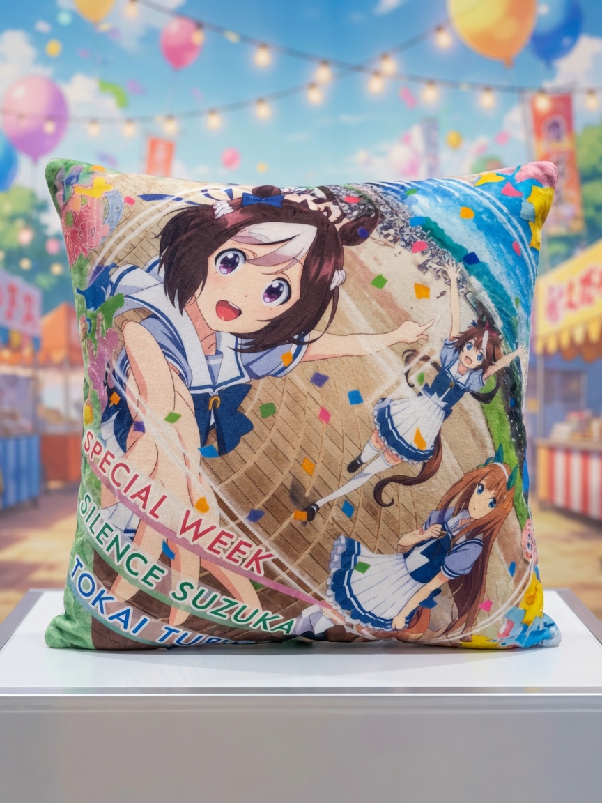 Uma Musume Pretty Derby Toreba Exclusive Square Cushion (2019) — Special Week, Silence Suzuka, Tokai Teio