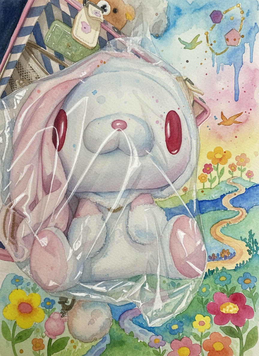 Watercolor illustration of the Chax GP All Purpose Bunny in a floral scene