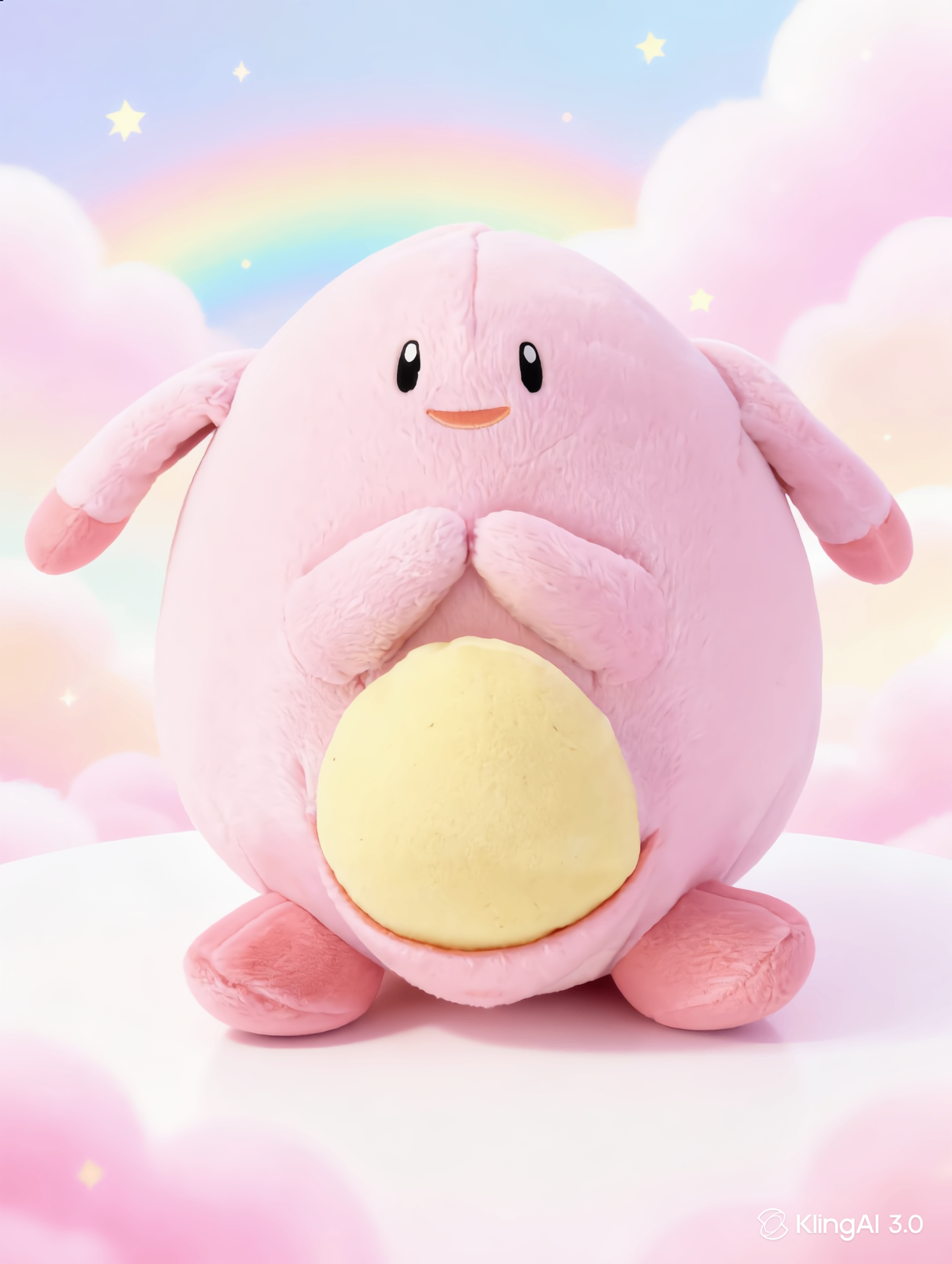 Banpresto Pokémon Sun & Moon Chansey big plush on a glowing white pedestal surrounded by a pastel rainbow and sparkles