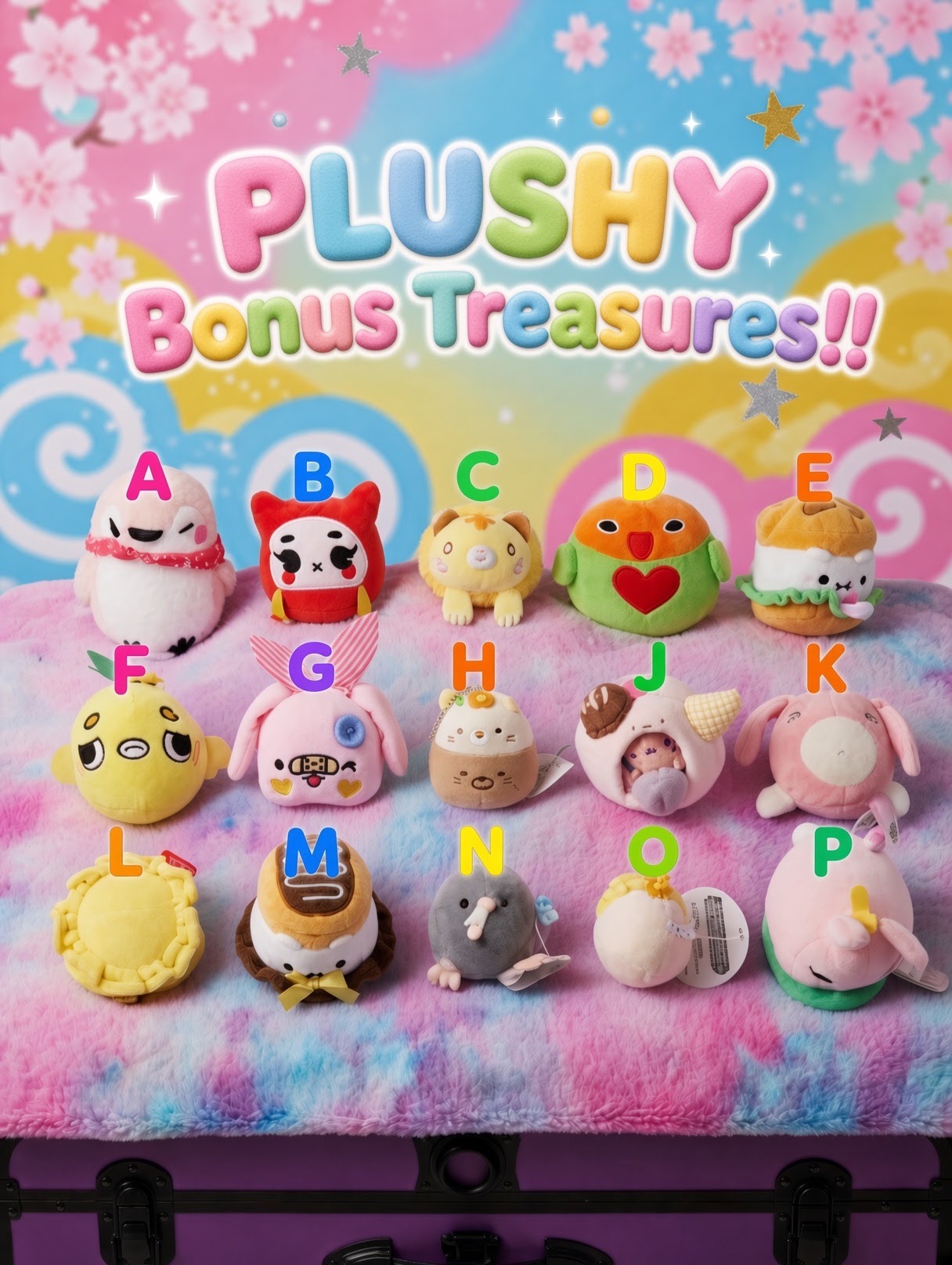 Plushy Bonus Treasures poster — fifteen mini plushies labelled A through P arranged on a pastel tie-dye blanket
