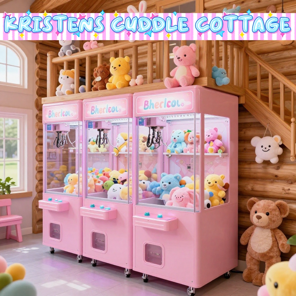 Row of pastel pink claw machines filled with plush toys inside Kristen's Cuddle Cottage log cabin arcade