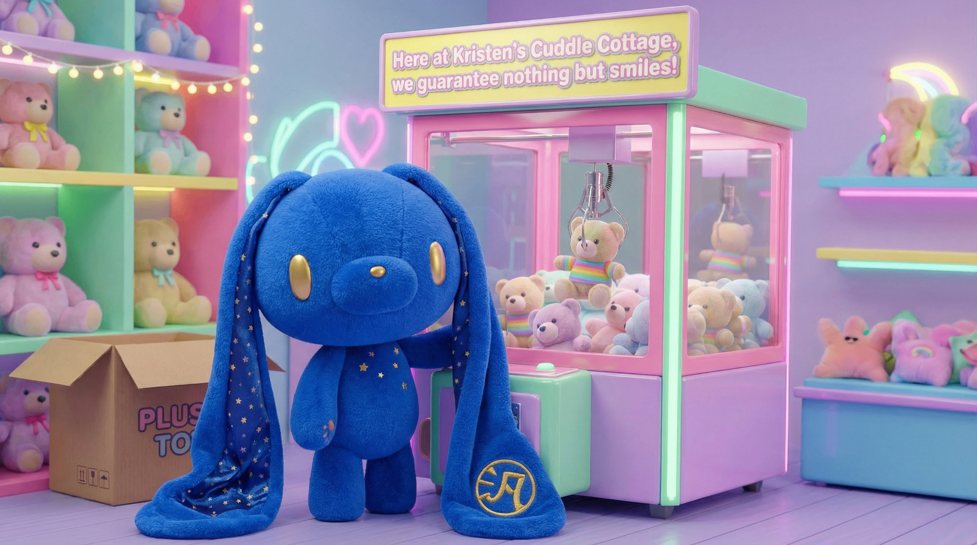Starry-eyed blue cottage bunny plush standing beside a pink claw machine under a sign reading: Here at Kristen's Cuddle Cottage, we guarantee nothing but smiles!