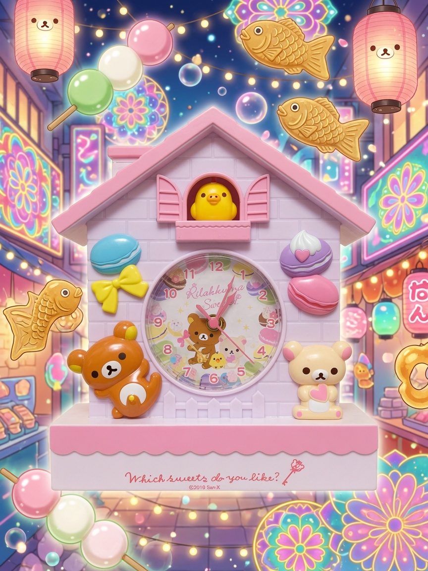 Rilakkuma Sweets & Sweets house clock displayed against a glowing night festival scene with taiyaki, dango and neon lanterns