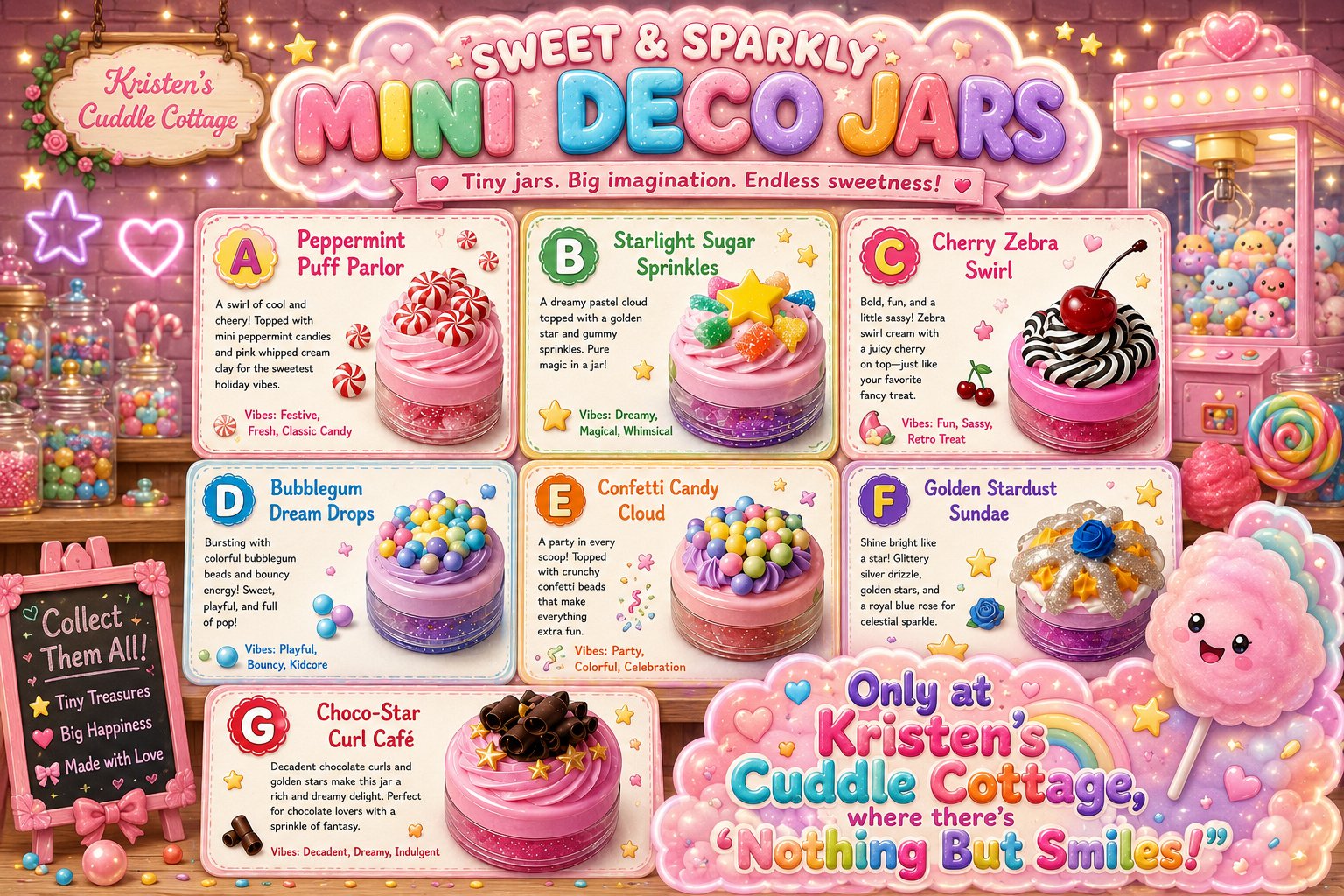 Sweet and Sparkly Mini Deco Jars chart showing jars A through G with names, descriptions and vibes