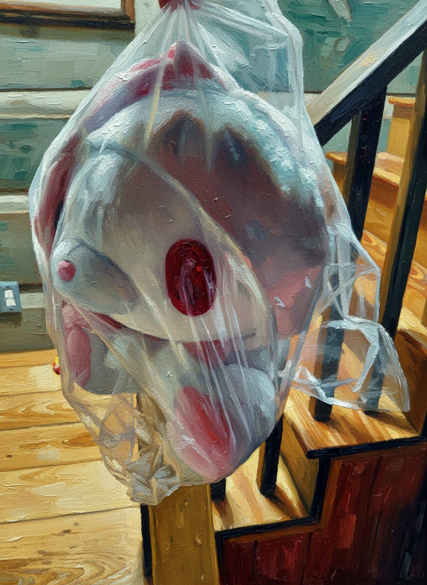 Painterly view of the sealed Chax GP bunny hung on a staircase