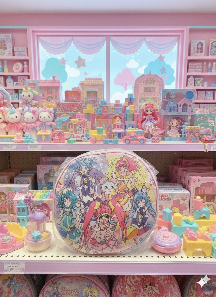 Sealed Star Twinkle PreCure jumbo cushion displayed on a pastel Japanese toy shop shelf surrounded by kawaii boxed toys