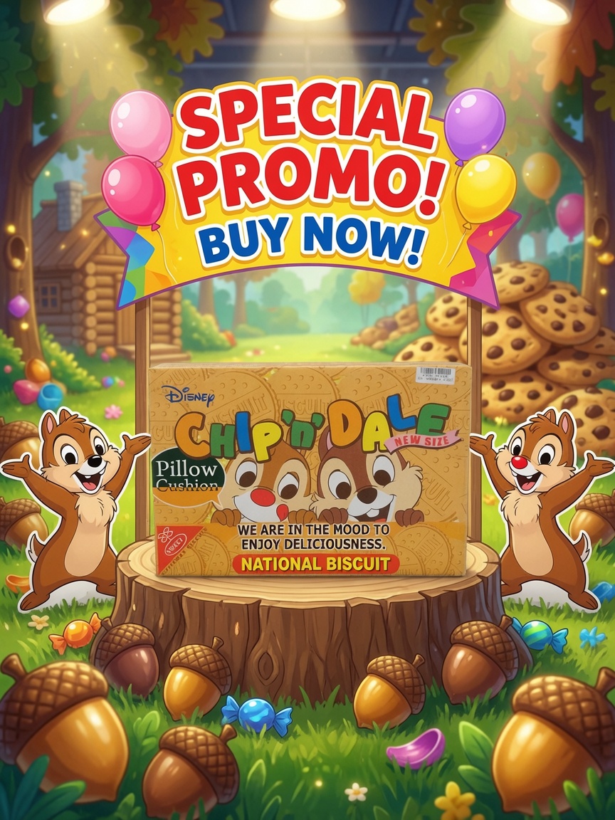Chip 'n' Dale National Biscuit box-style pillow cushion resting on a wooden tree stump beside cartoon chipmunks