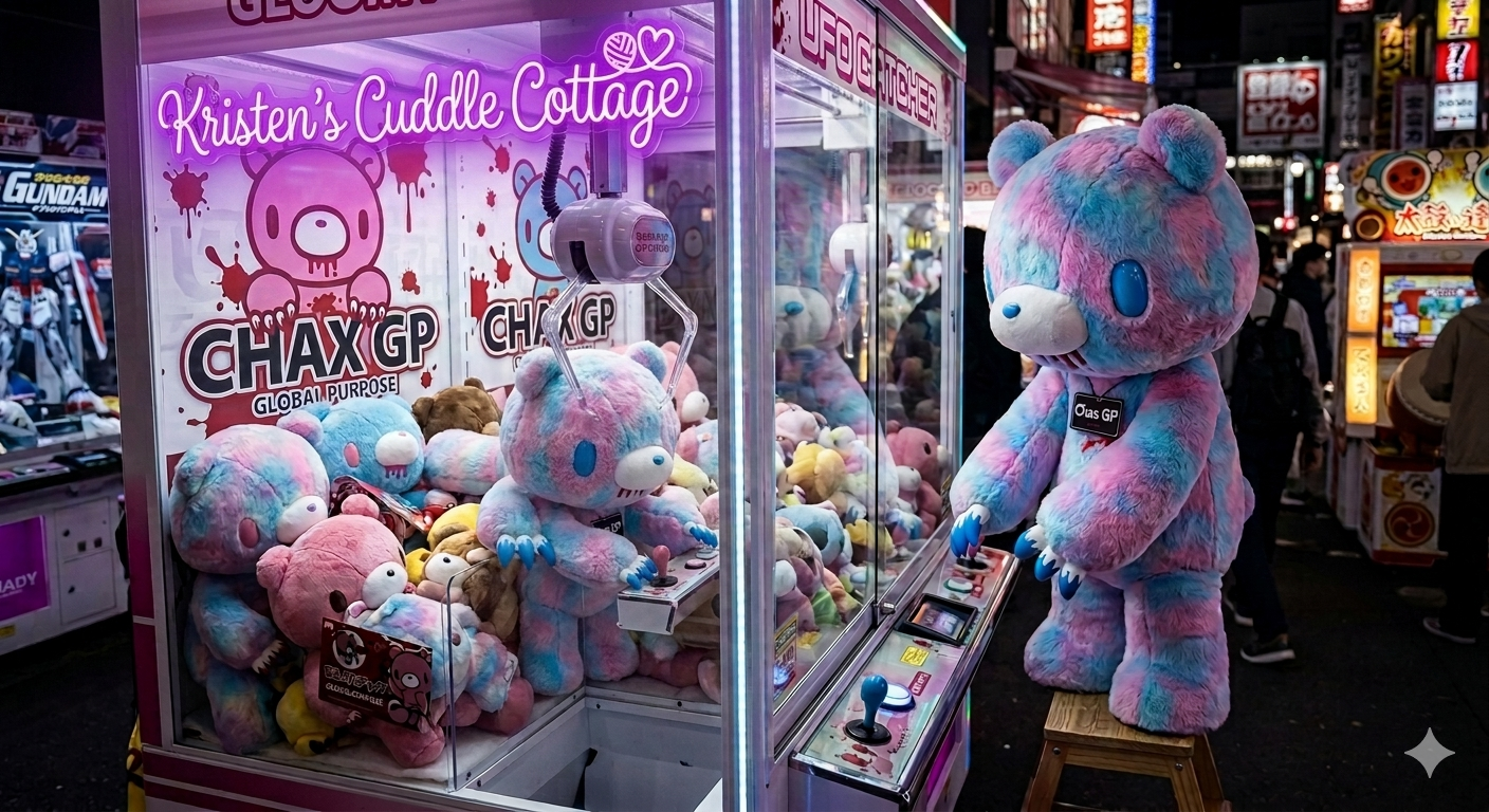 Kristen's Cuddle Cottage neon claw machine on a Japanese arcade street, packed with pastel Gloomy Bear plush