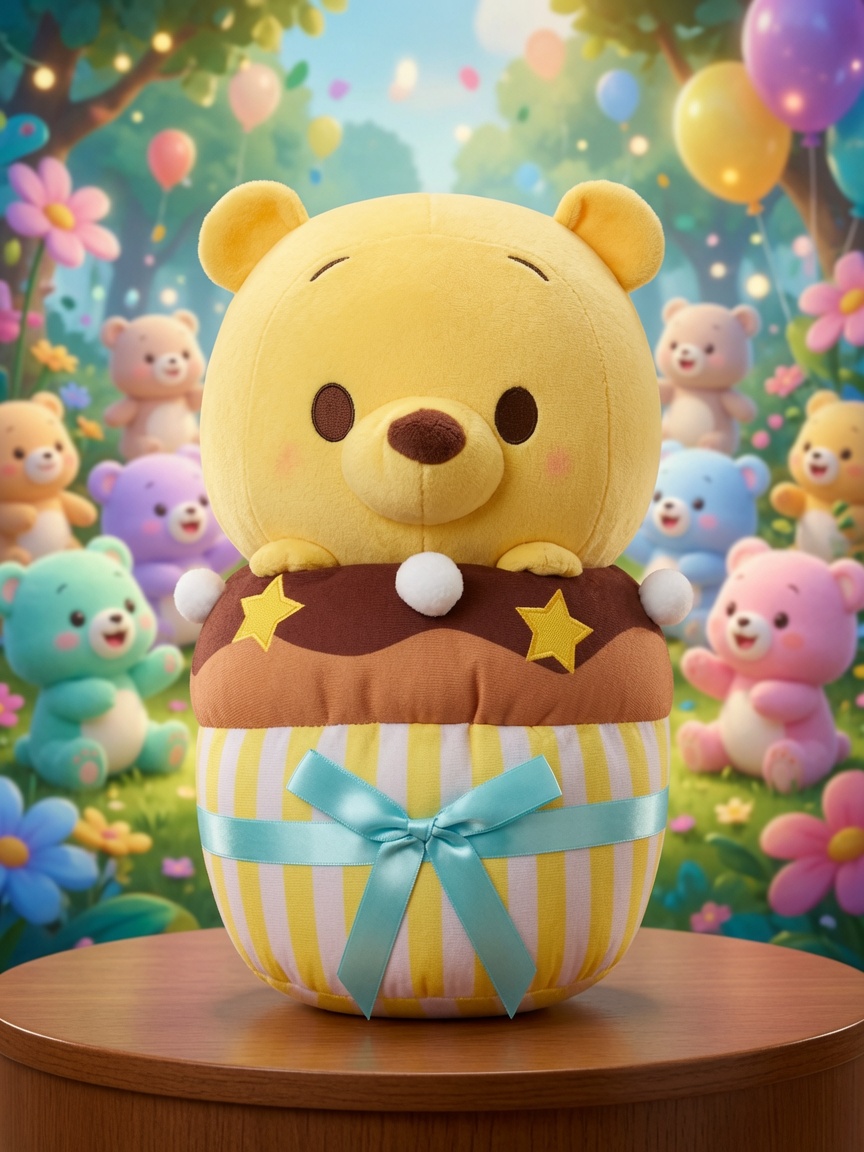 The same Pooh cupcake plush displayed on a wooden table in a pastel garden scene surrounded by colorful teddy bears and balloons