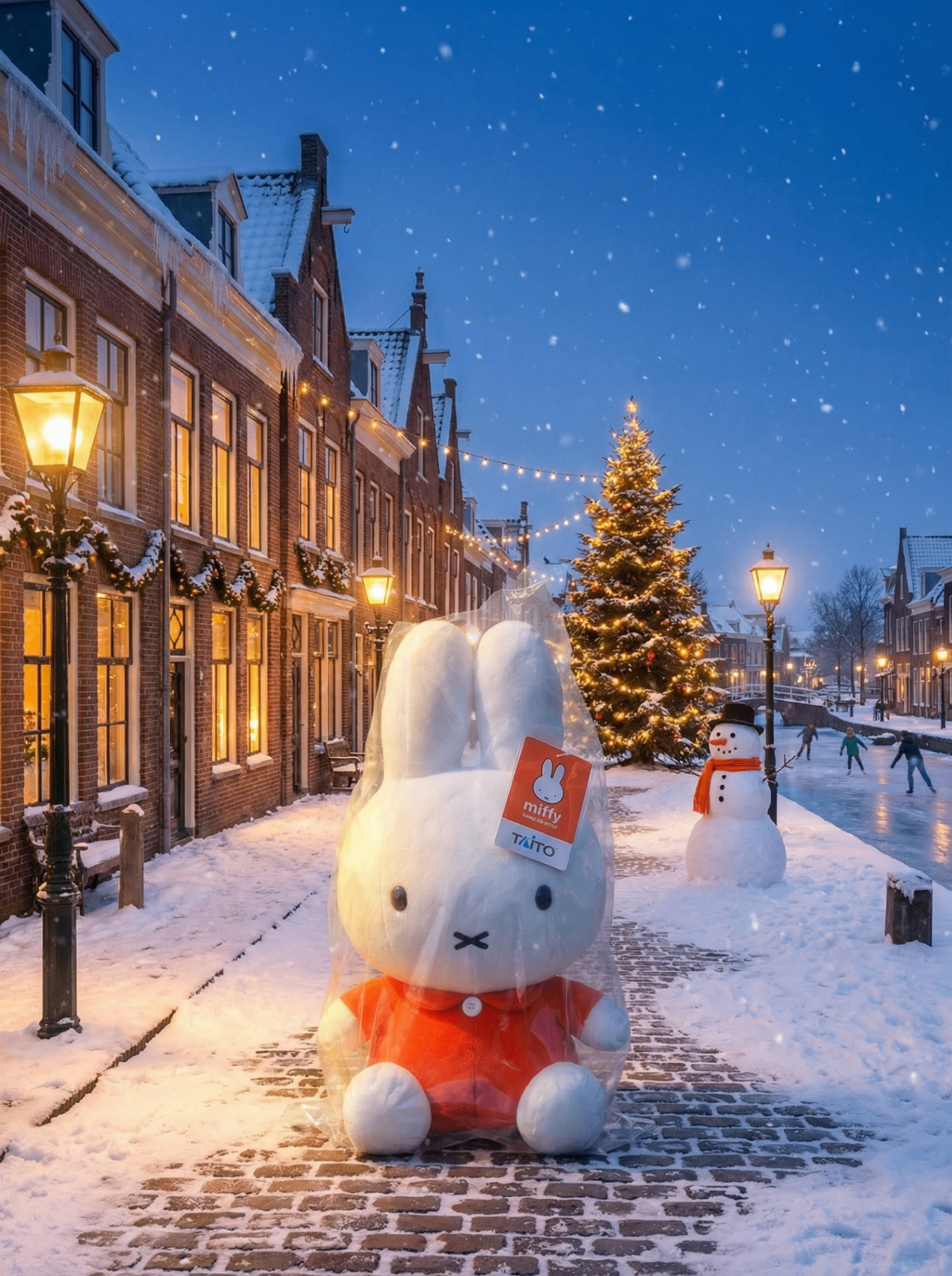 Sealed Miffy plush on a snowy Dutch canal street with holiday lights