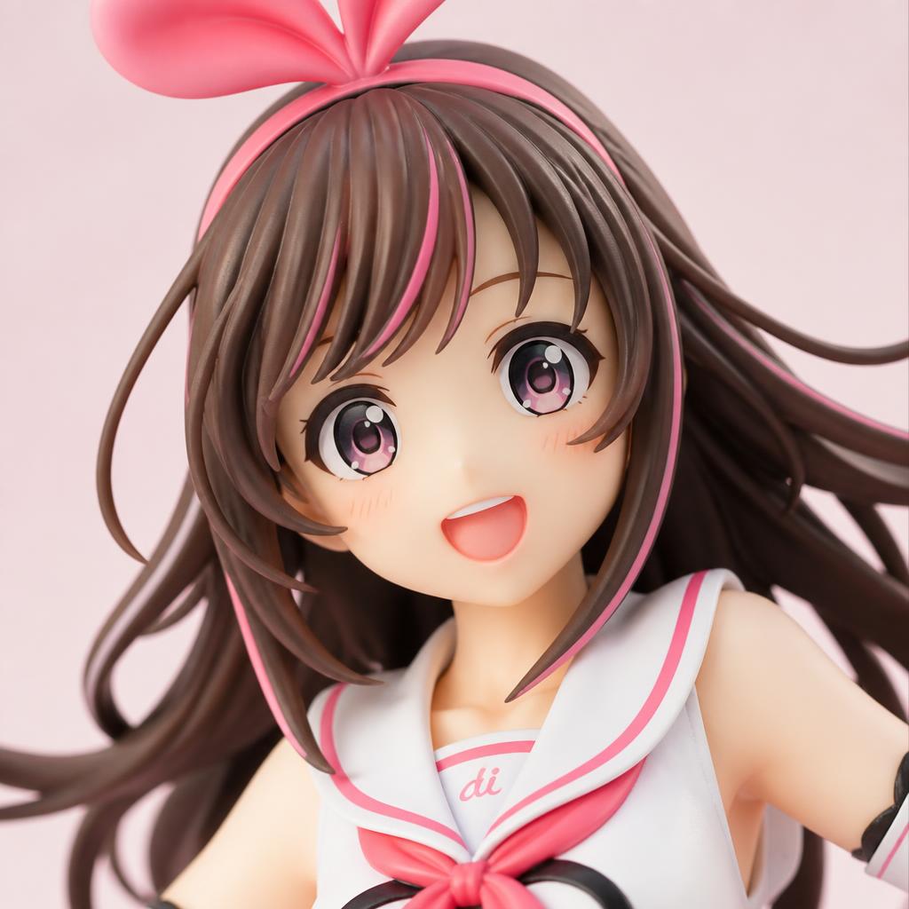 Close-up detail of the Kizuna AI Puchieete figure's face and sailor collar, highlighting glossy pink gradient eyes and sculpted hair