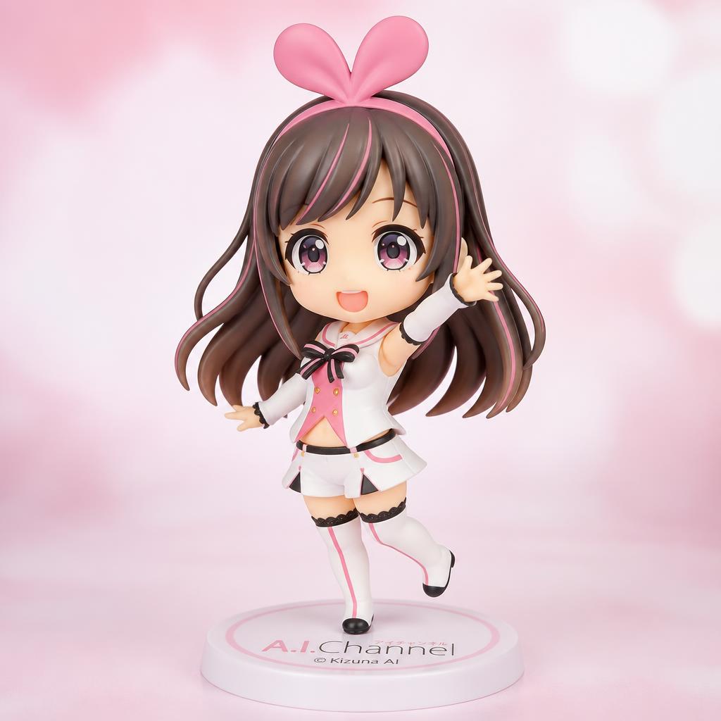 Kizuna AI Puchieete chibi figure displayed out of box on A.I.Channel base, showing pink heart hair ribbon, sailor uniform, and cheerful waving pose