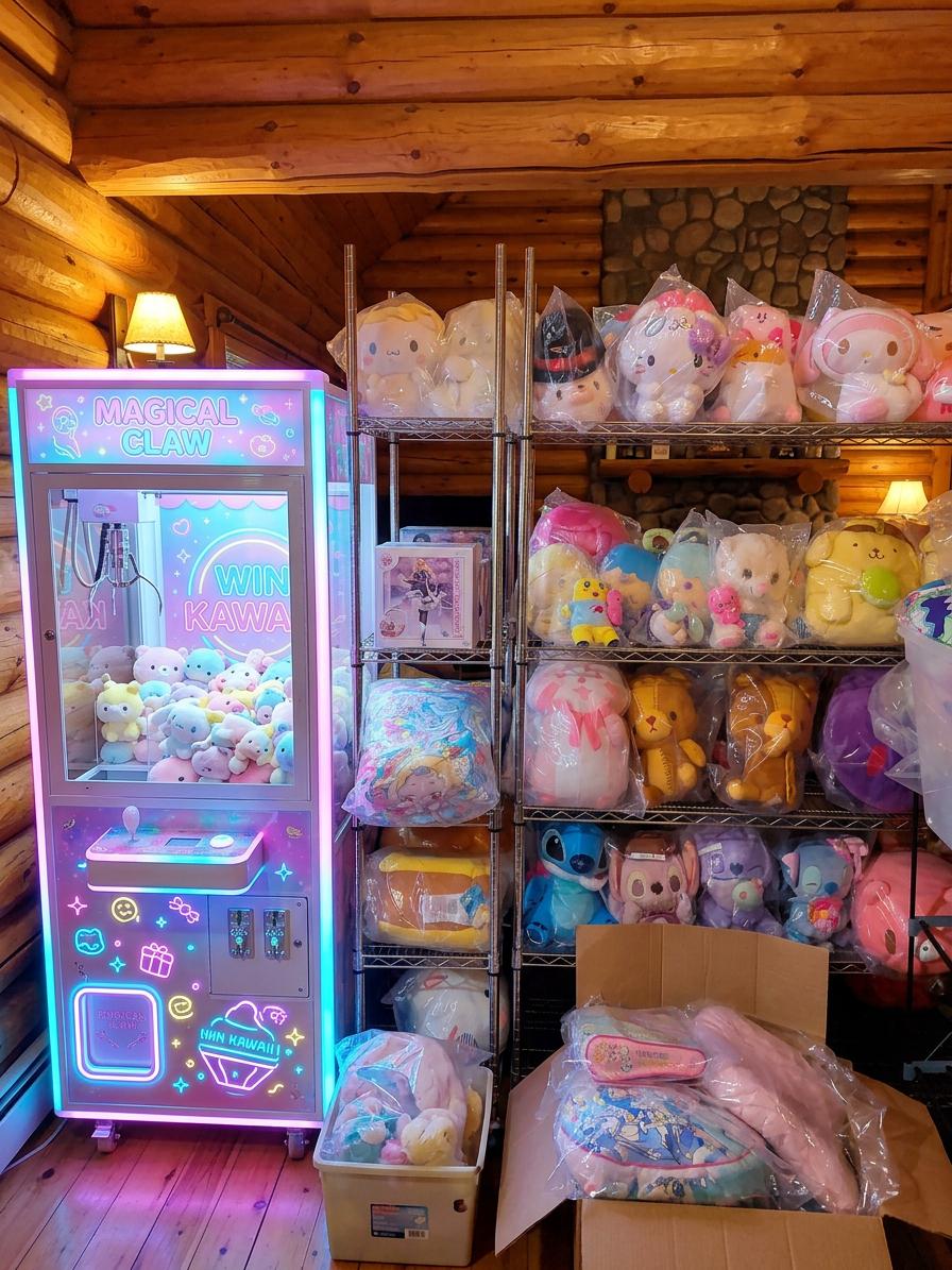 Magical Claw machine lit in pink and mint neon across from the cottage stone fireplace and prize shelves