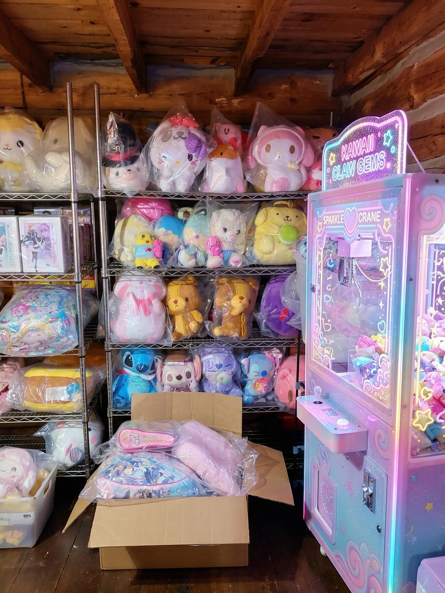 Pastel Sparkle Crane claw machine glowing beside chrome shelves of sealed Sanrio and Disney plush prizes