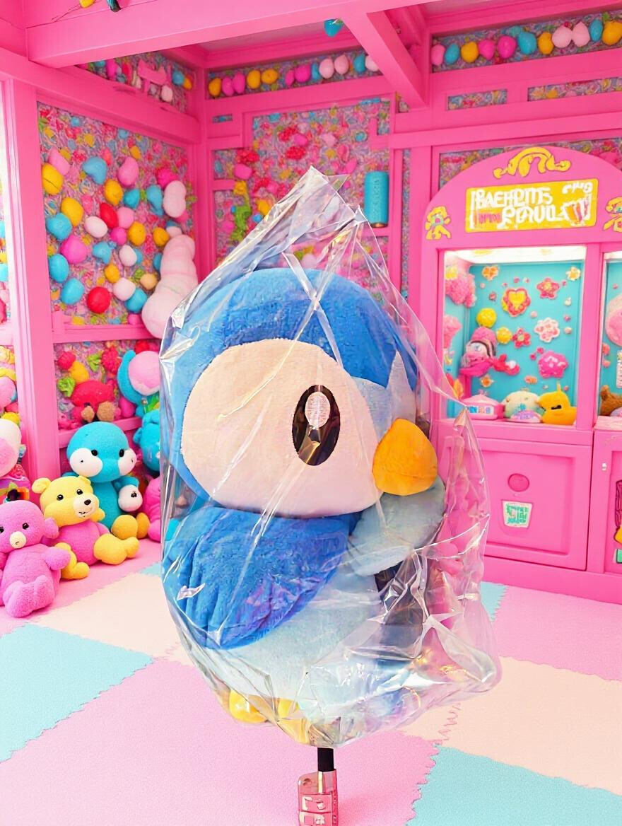 Sealed Piplup BIG plush held by a claw machine crane inside a pastel pink prize room