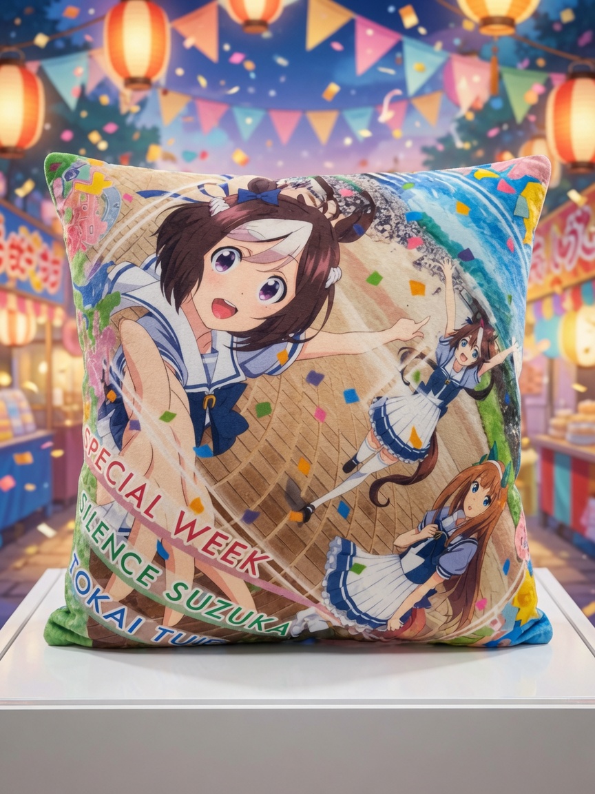 Uma Musume Pretty Derby square cushion displayed under pastel paper lanterns and bunting