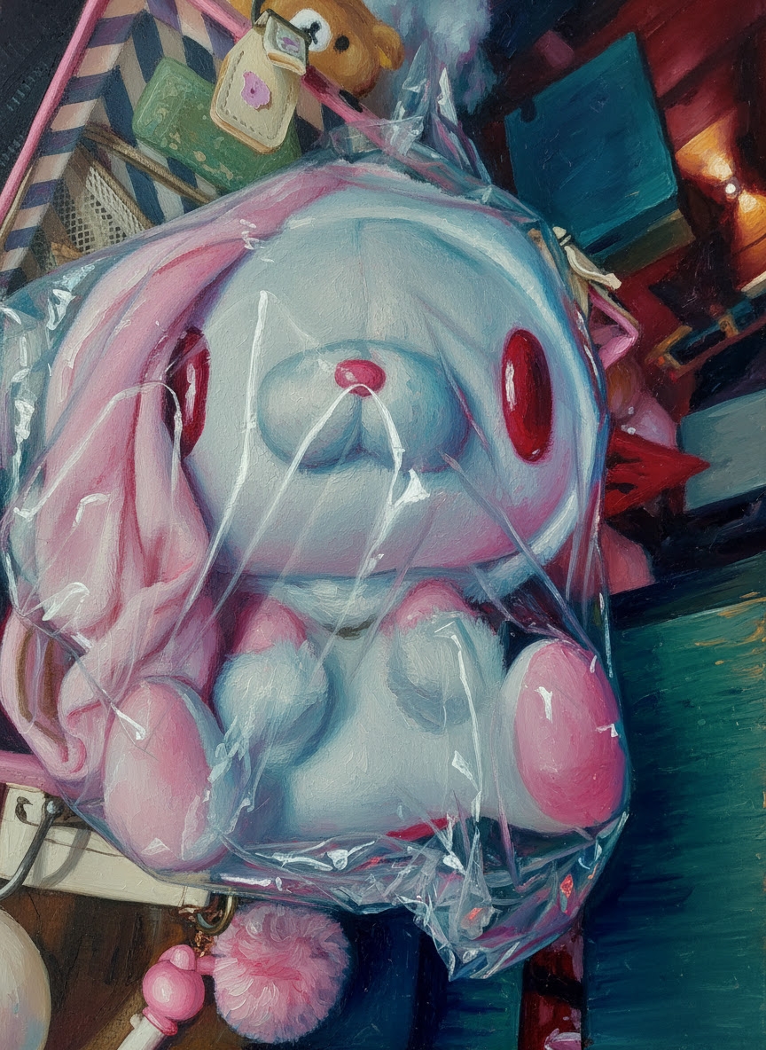 Artistic close-up of the sealed white and pink Chax GP bunny plush