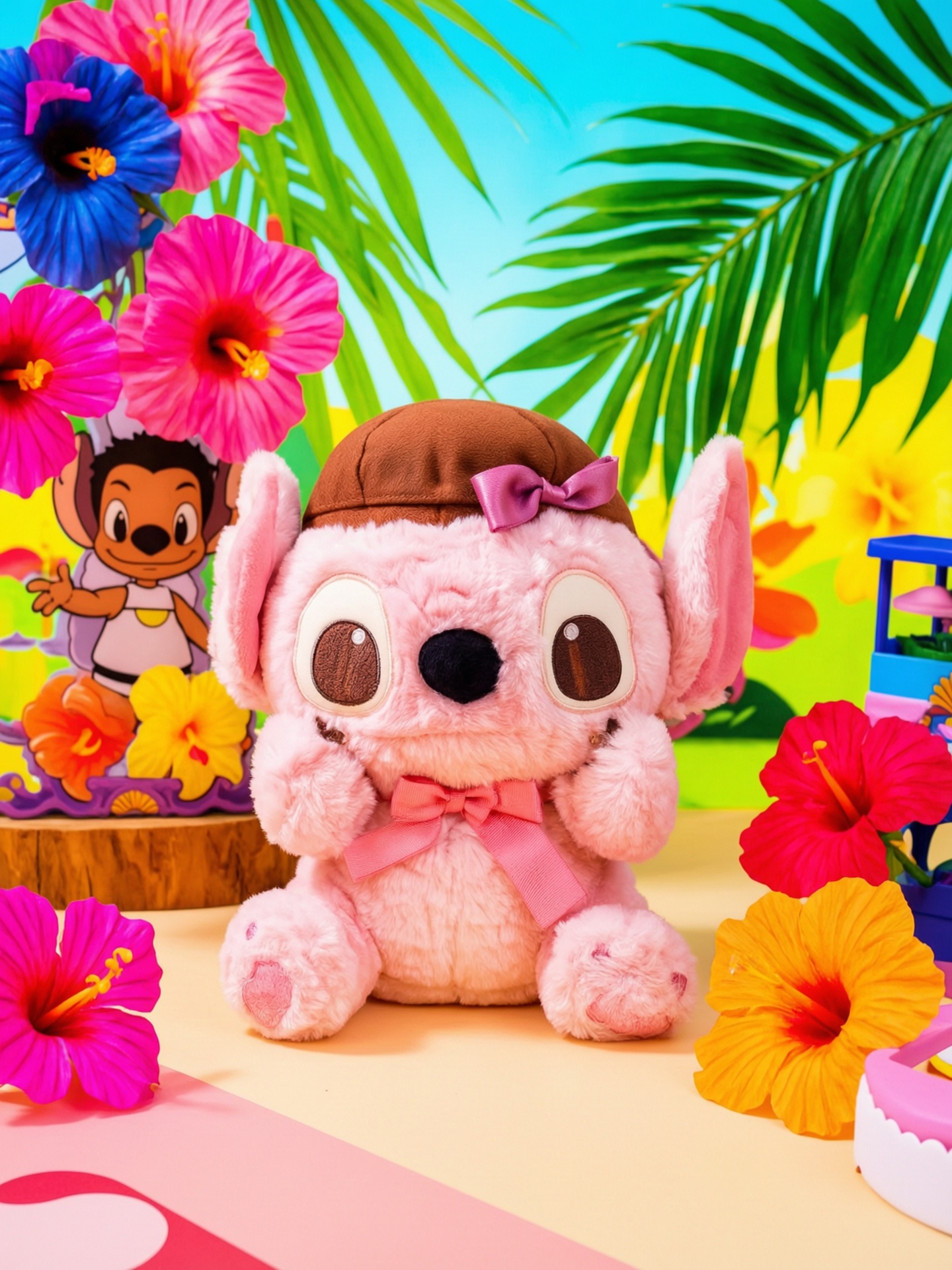 Latte Stitch plush styled in a tropical Lilo & Stitch display with hibiscus flowers and palm leaves