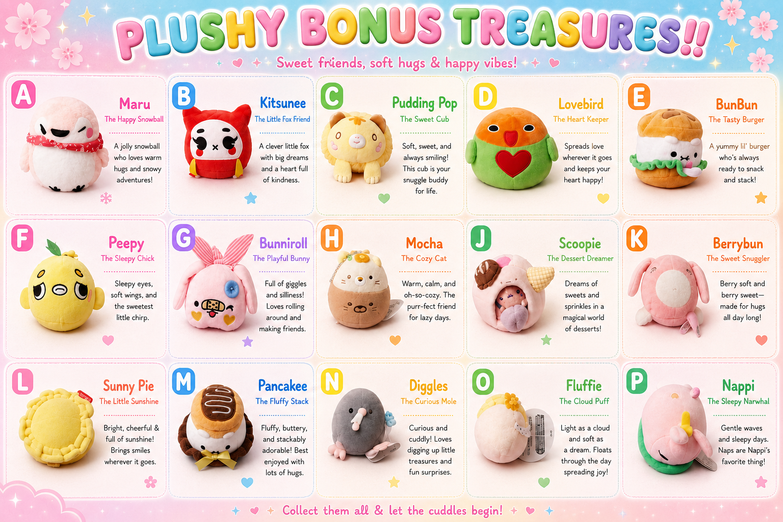 Plushy Bonus Treasures chart showing all fifteen mini plushies A through P with their names and cute descriptions