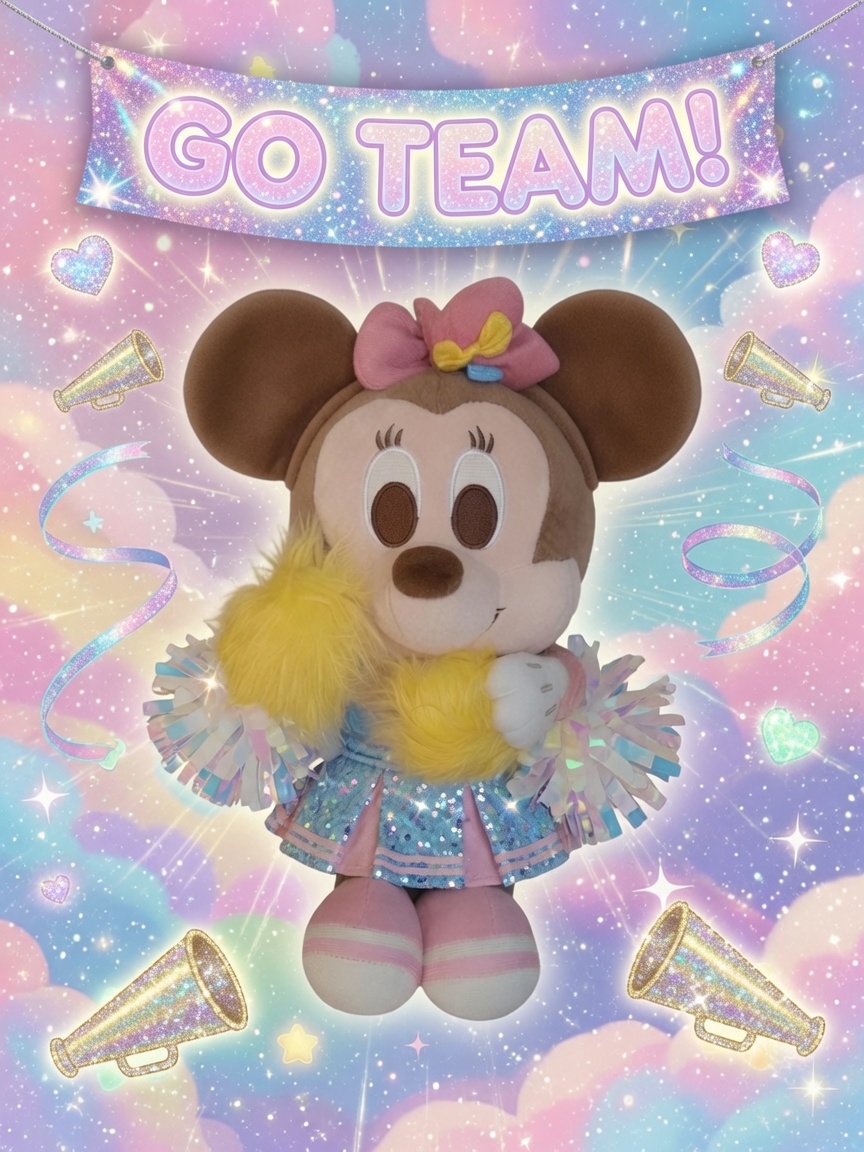 Minnie Mouse cheerleader plush shown with pastel pom-poms and sparkling Go Team banner display