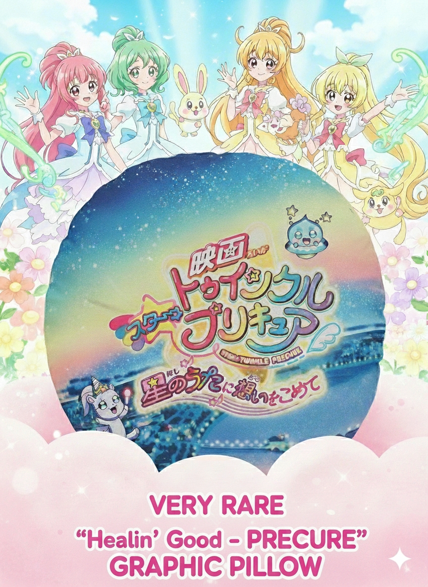 Star Twinkle PreCure movie graphic round pillow shown against a pastel sky with the PreCure cast
