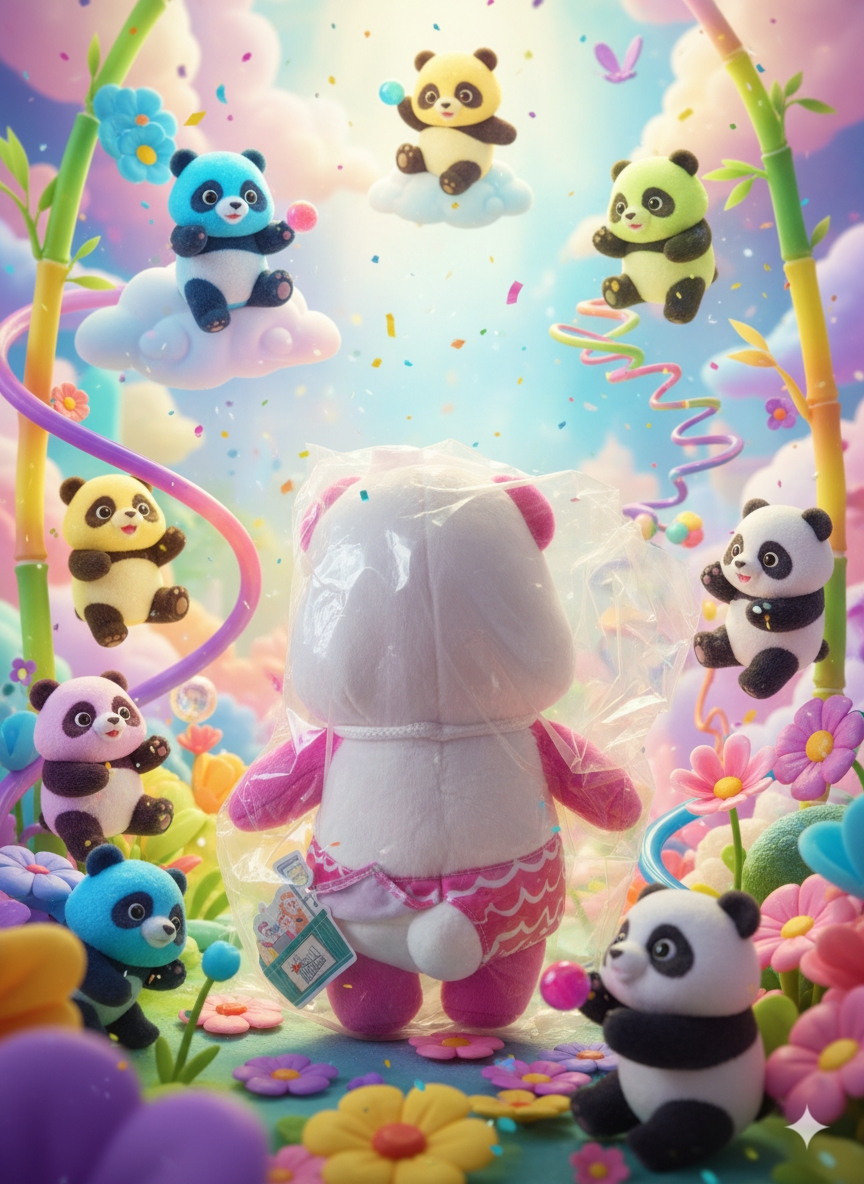 Back view of the sealed AAA E-Panda Super Market plush showing the white hood, apron ties and original hang tag