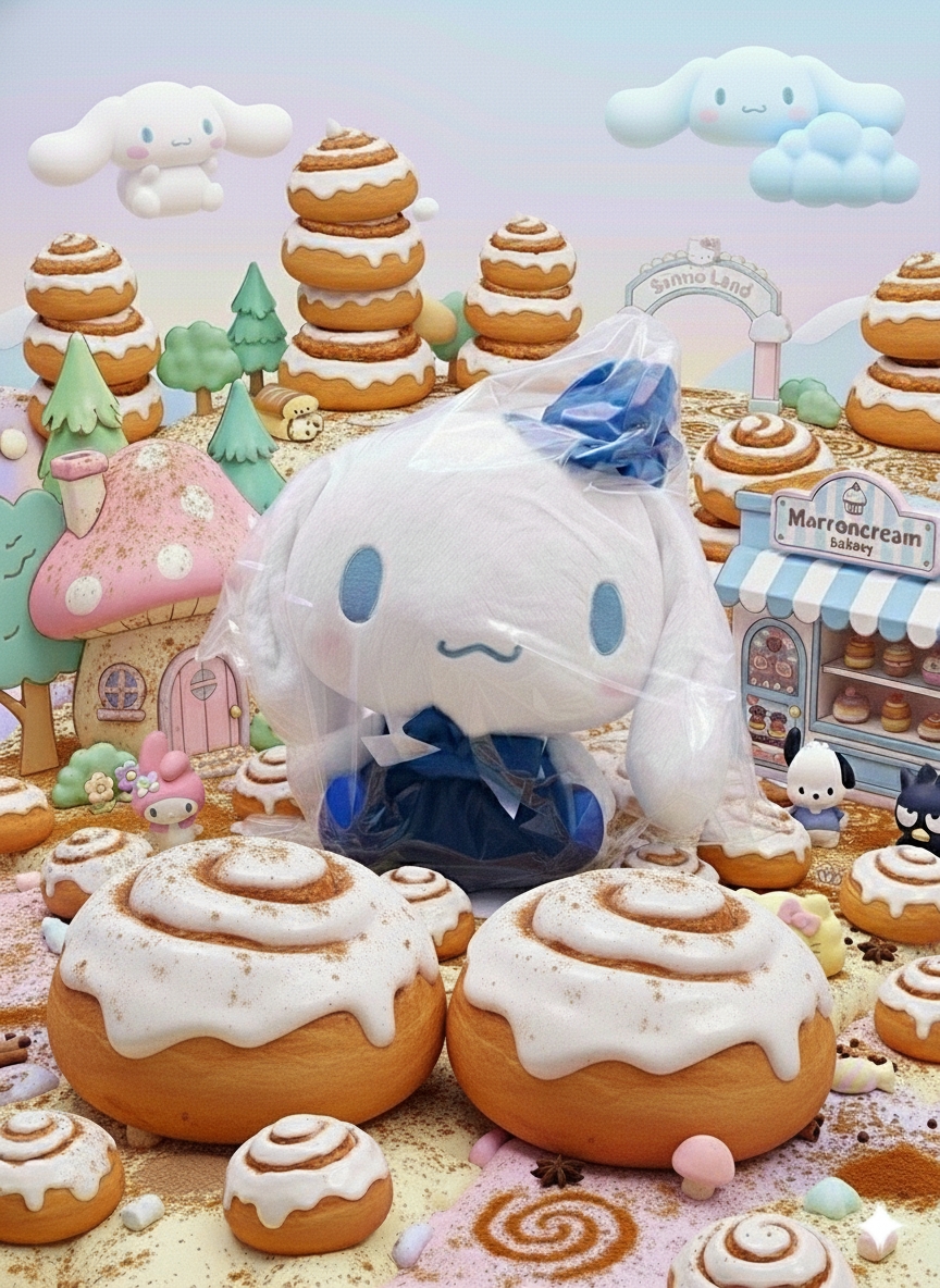 The same sealed Cinnamoroll gothic dress plush surrounded by frosted cinnamon rolls and pastel bakery decor