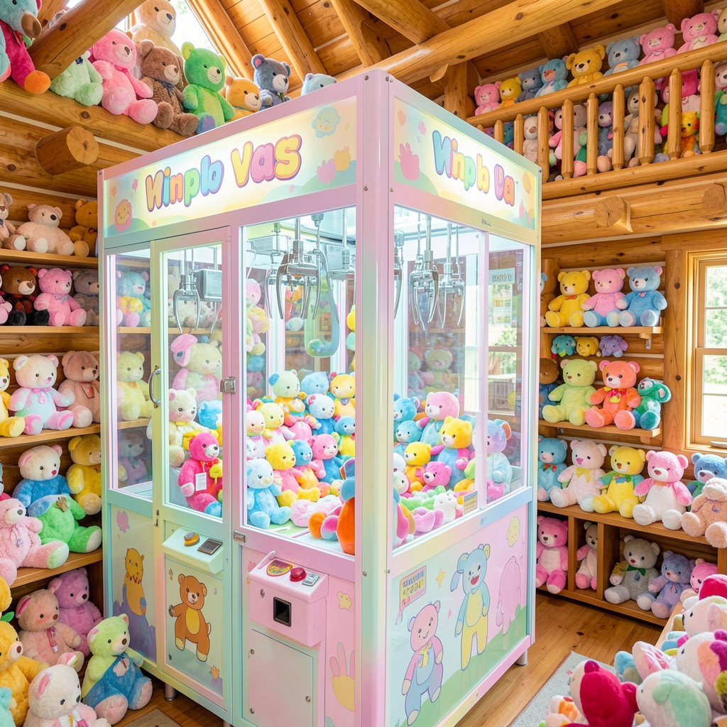 Pastel claw machine inside Kristen's cozy log cabin, surrounded by shelves of plush teddy bears