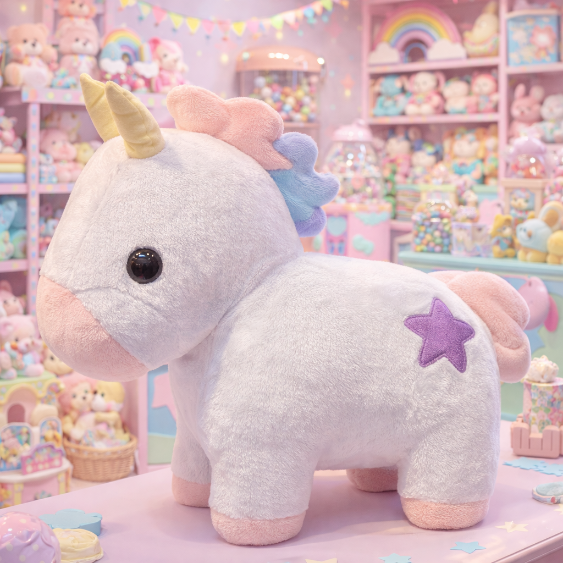 Amuse Yumekawa unicorn plush with purple embroidered flank star displayed in a pastel Japanese kawaii toy shop