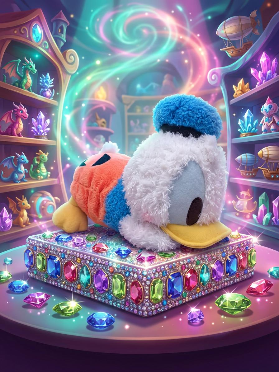 Illustrated pastel treasure room scene featuring the Donald Duck Mega Jumbo Nesoberi plush atop a gem-covered chest
