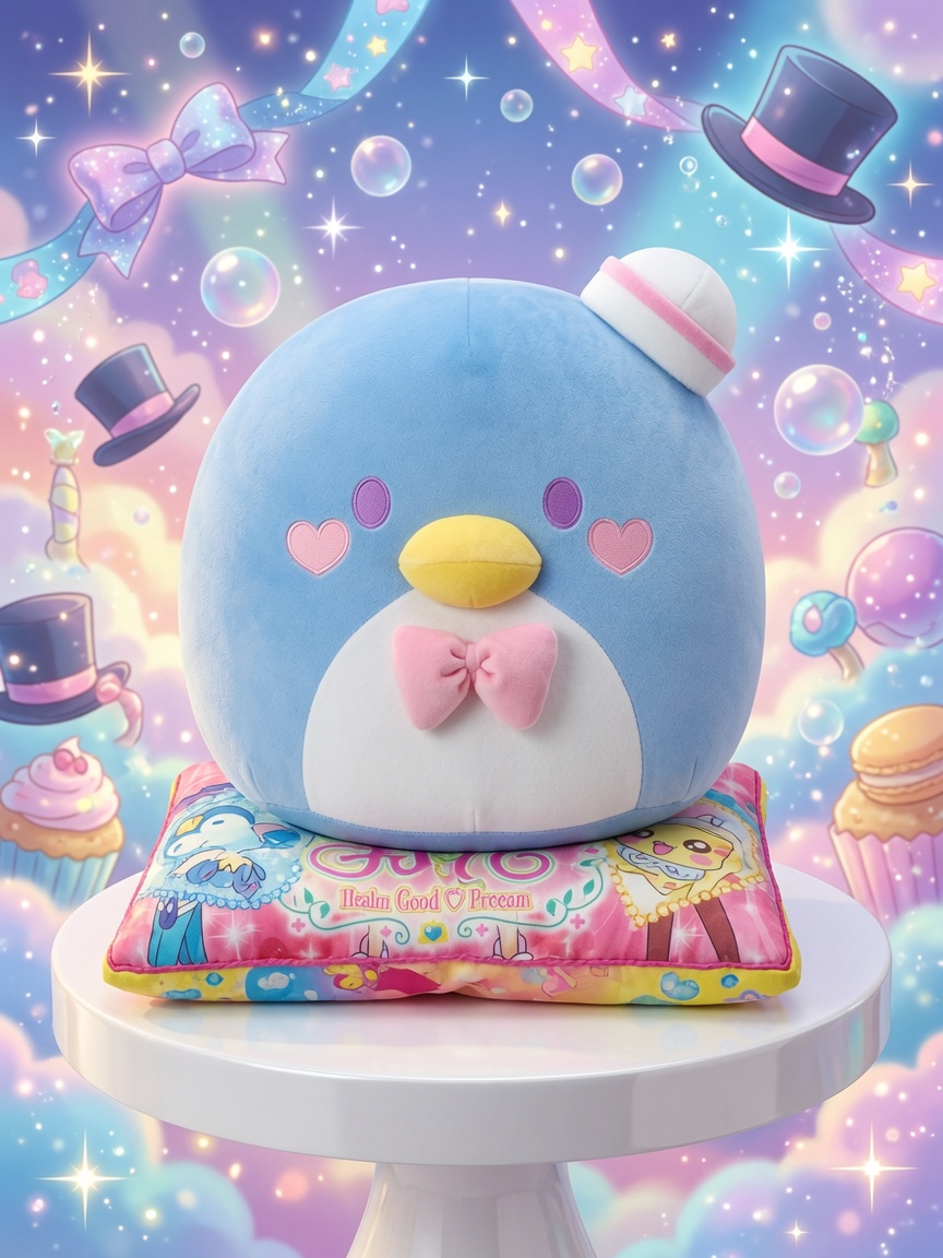 Blue Tuxedosam cushion plush displayed on a colorful printed pillow atop a white pedestal table against a pastel dreamscape backdrop