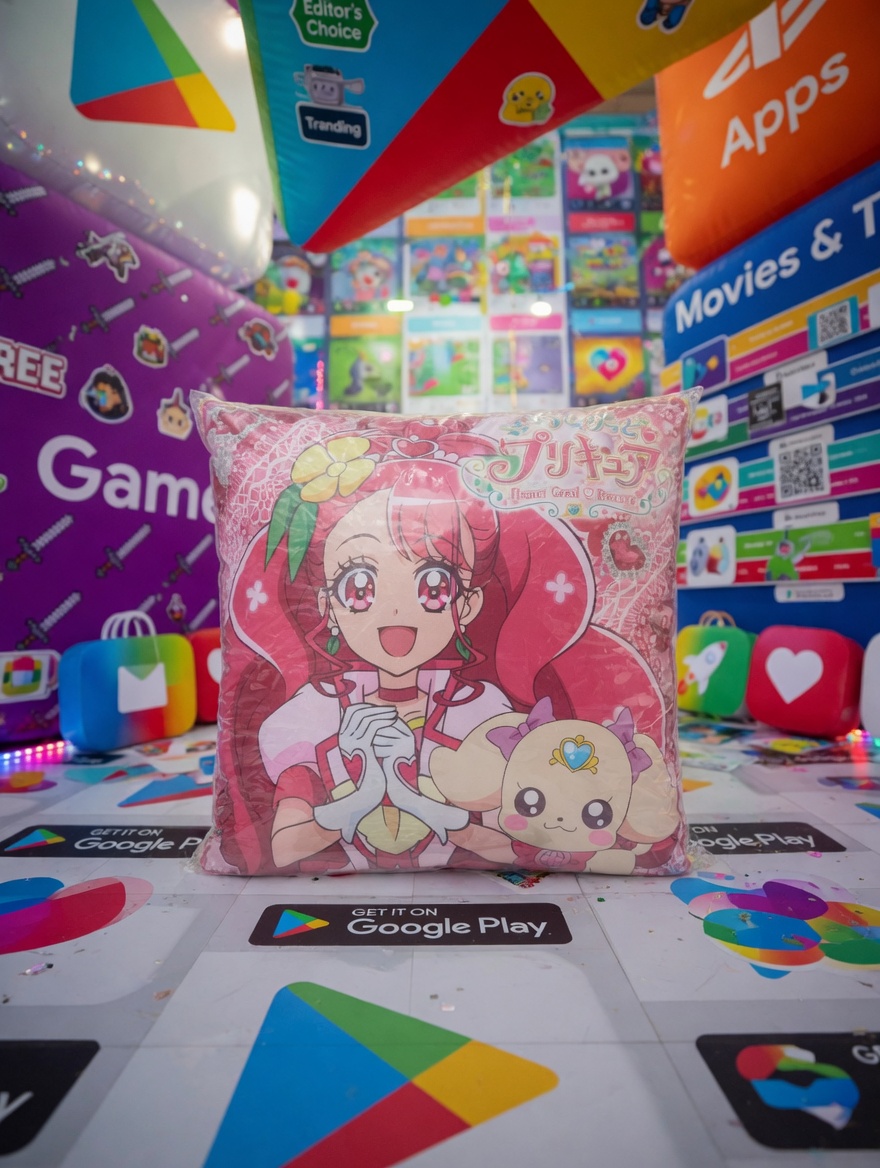 Cure Grace and Rabirin square cushion pillow shown front-on in a bright colorful display space