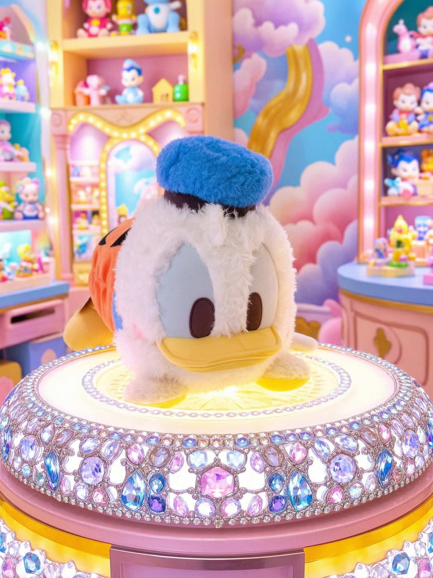 Donald Duck Mega Jumbo Nesoberi plush on a sparkling crystal display pedestal inside the pastel prize cottage