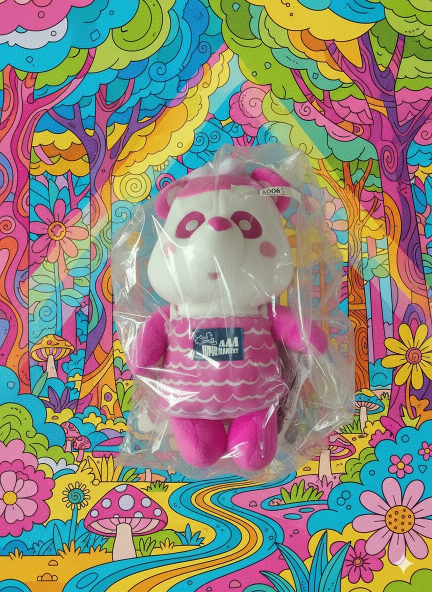 Sealed AAA E-Panda pink panda plush with prize tag A006, photographed against a colorful psychedelic forest backdrop