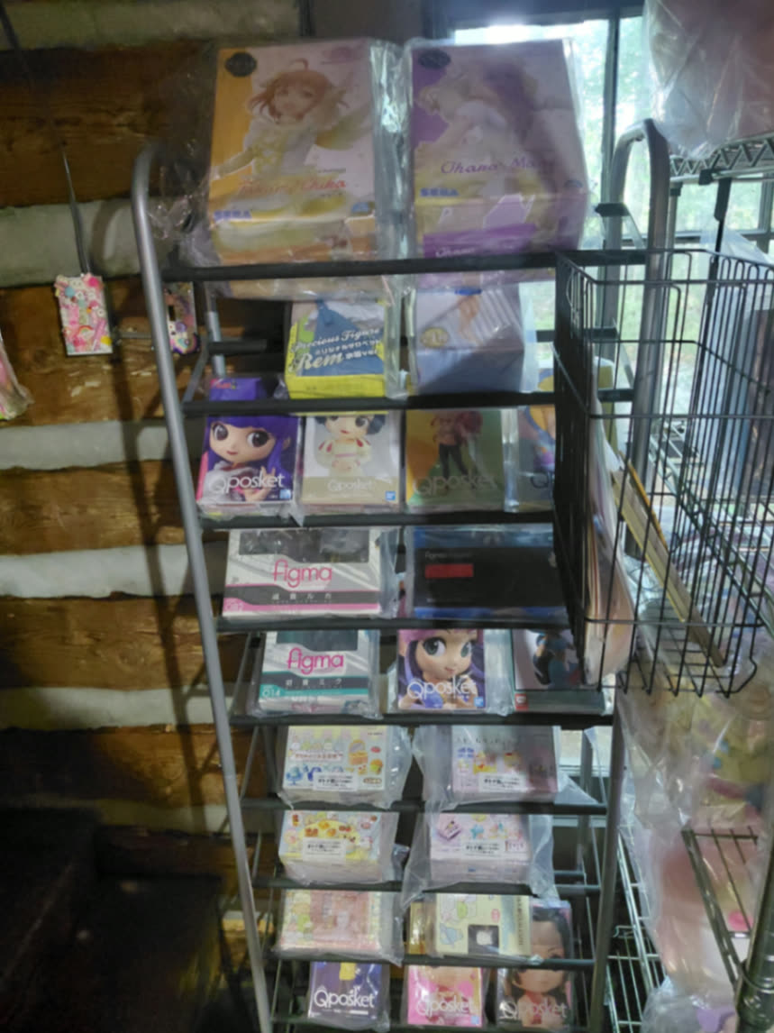 Tall rack of boxed Q Posket, figma, and prize figures against the cabin's log wall