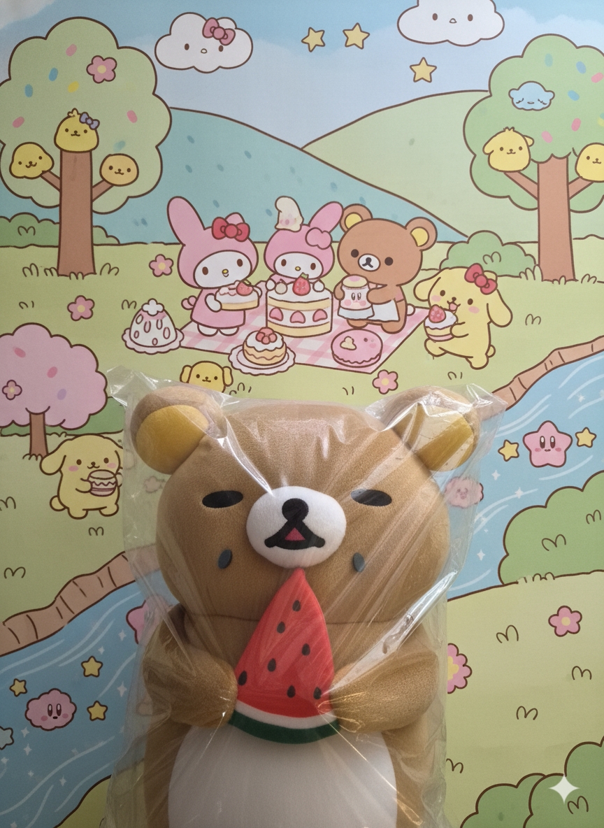 Sealed Rilakkuma watermelon plush posed in front of a pastel Sanrio-style picnic scene
