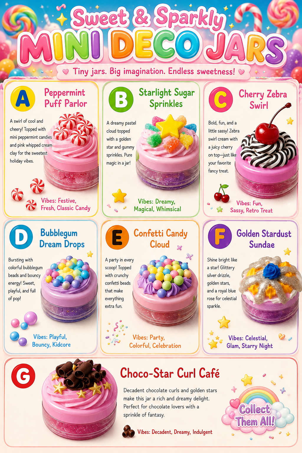 Tall Mini Deco Jars poster with all seven jar options labelled A through G
