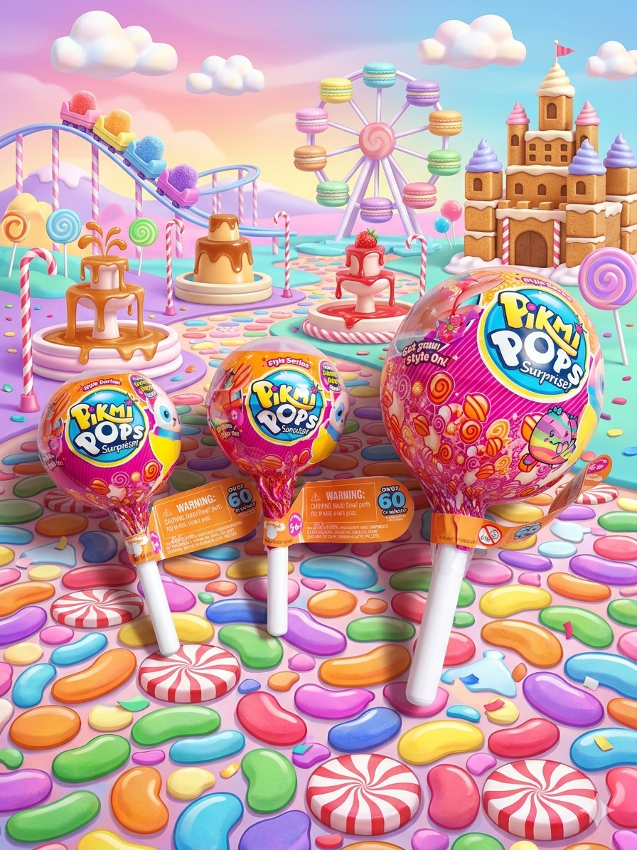 Pikmi Pops lollipop-style mystery capsules on a pastel candy landscape