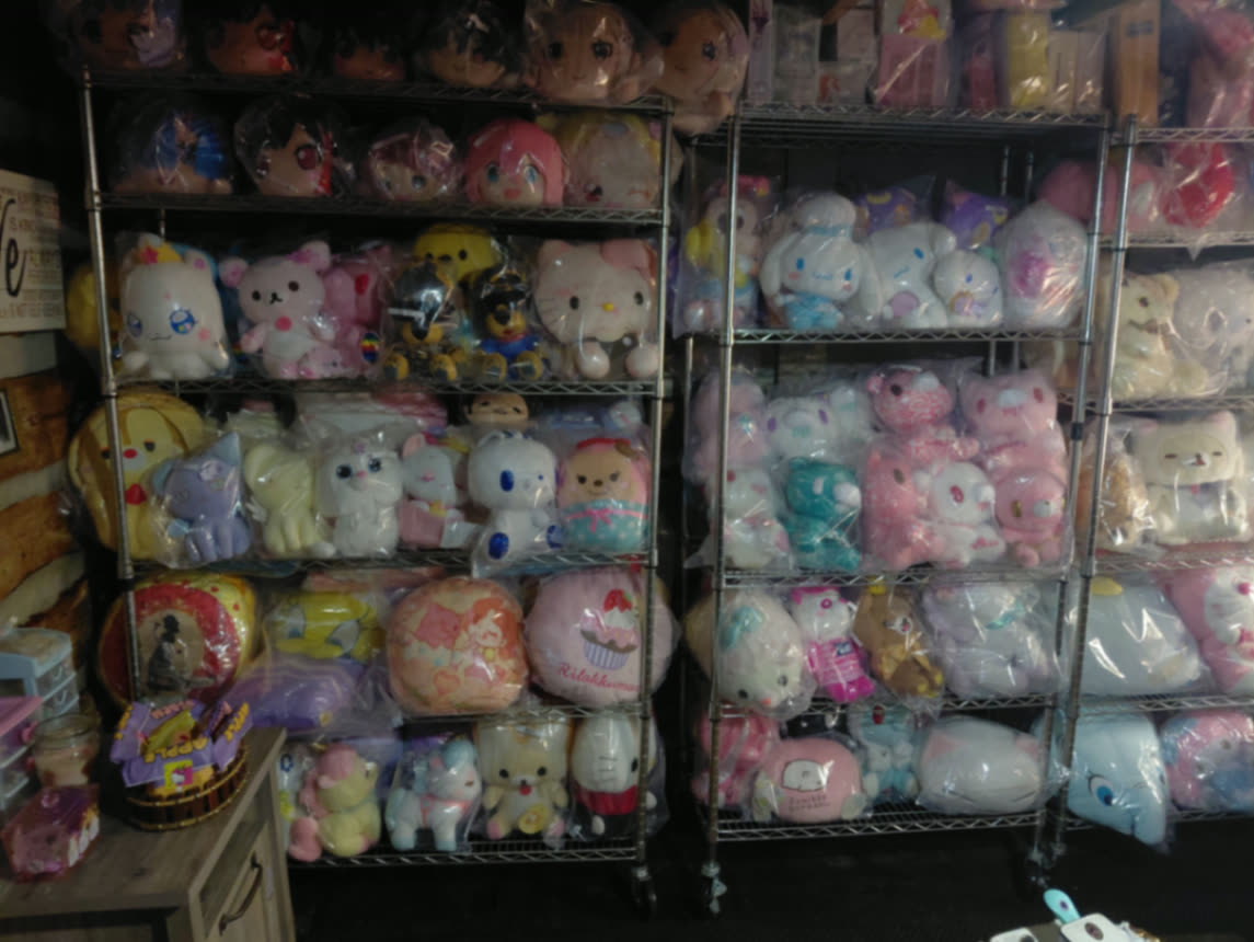 Two tall shelving units filled with sealed Sanrio and San-X plush beside a marshmallow cocoa canvas
