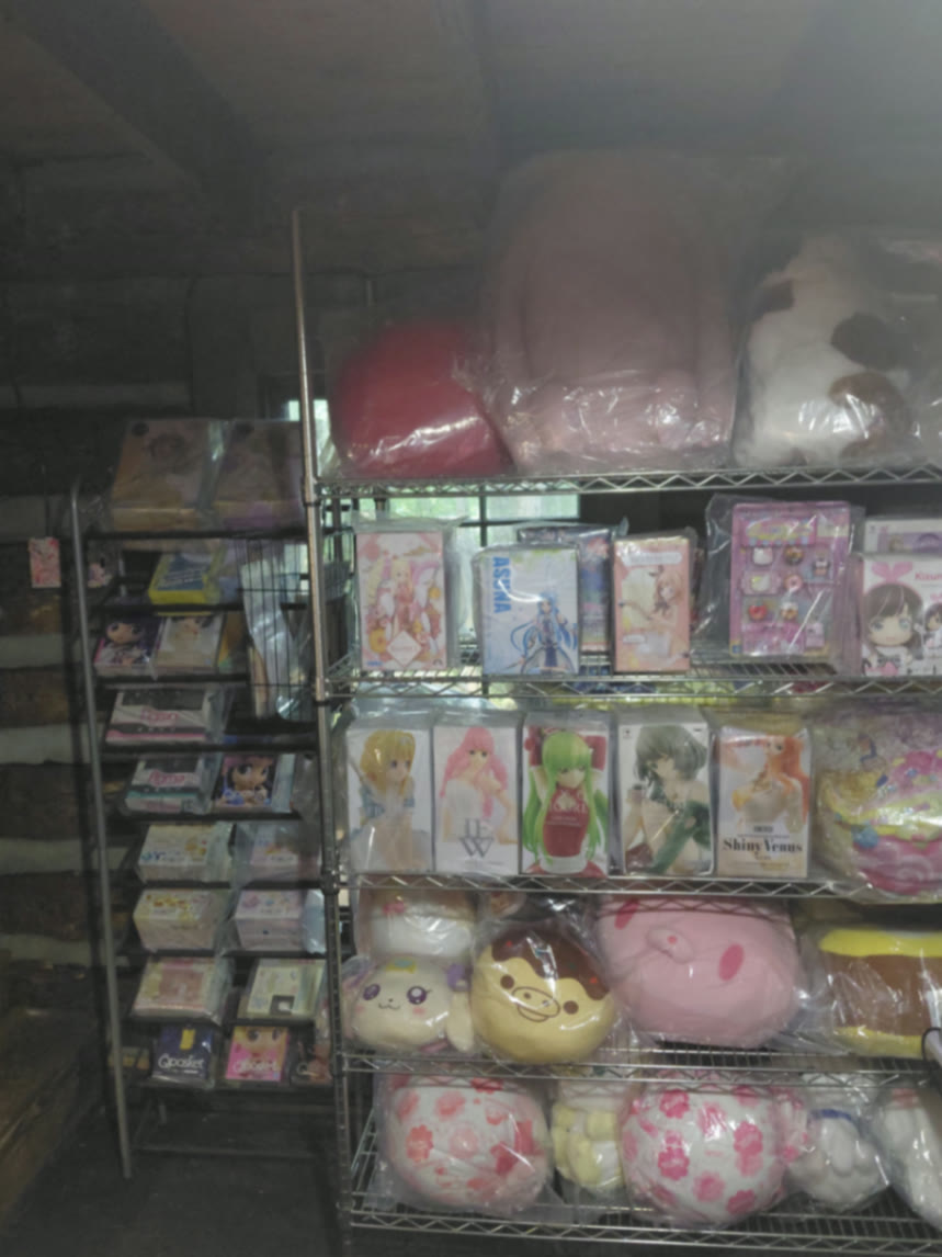 Dim cabin nook with racks of boxed prize figures and oversized sealed plush on the top shelf